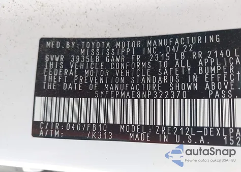 2022 Toyota Corolla Le z USA, uszkodzony, nr VIN 5YFEPMAE8NP322370